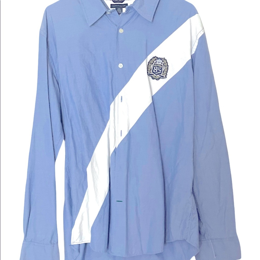 Tommy Hilfiger Large Men Shirt Blue White Diagonal Stripe Patch L Slv
